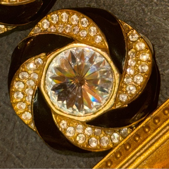 VTG Black Enamel and Crystal Swirl Earrings - Picture 4 of 16